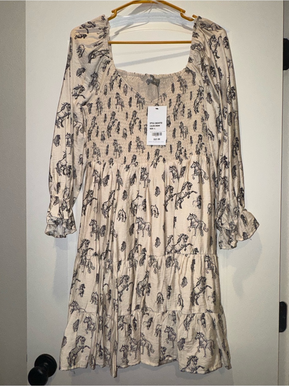 Women’s Long Sleeve Tiered Dress in Cream with Horse Print
